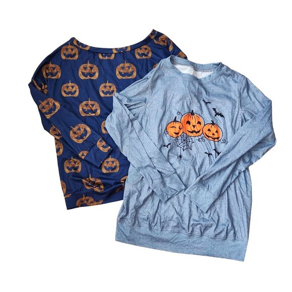 BUNDLE (2) Halloween Fall Spooky Pumpkin Cozy Oversized Tops Shirts Women's S - Picture 1 of 9